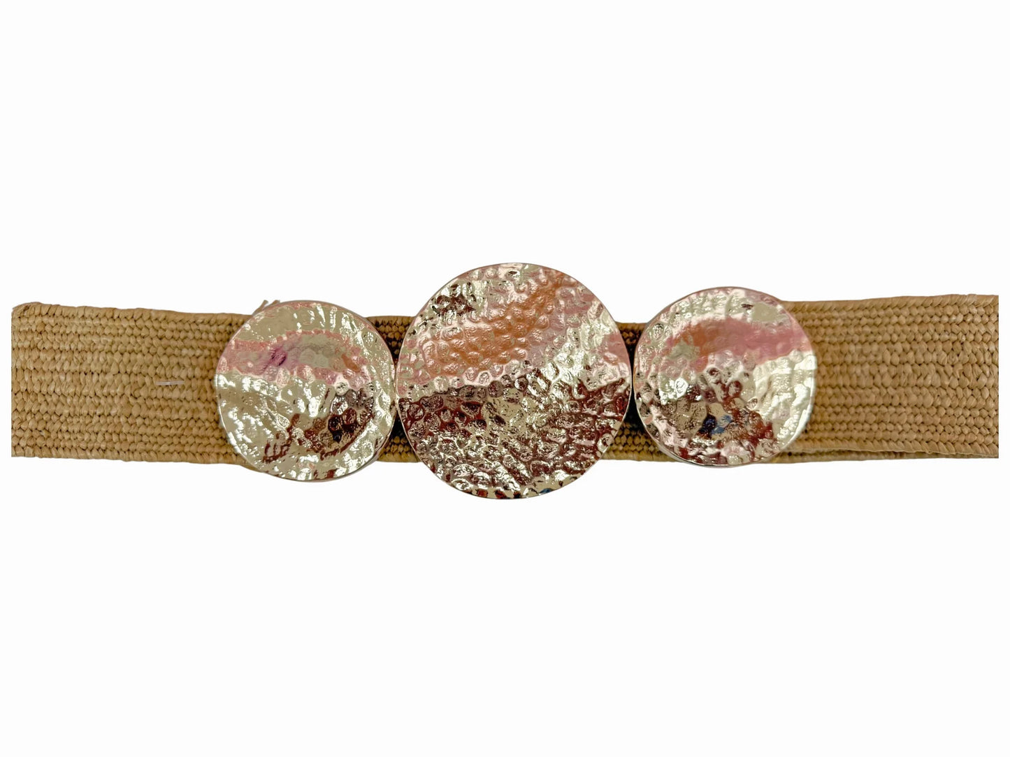 Tan woven belt with hammered three-disc buckle