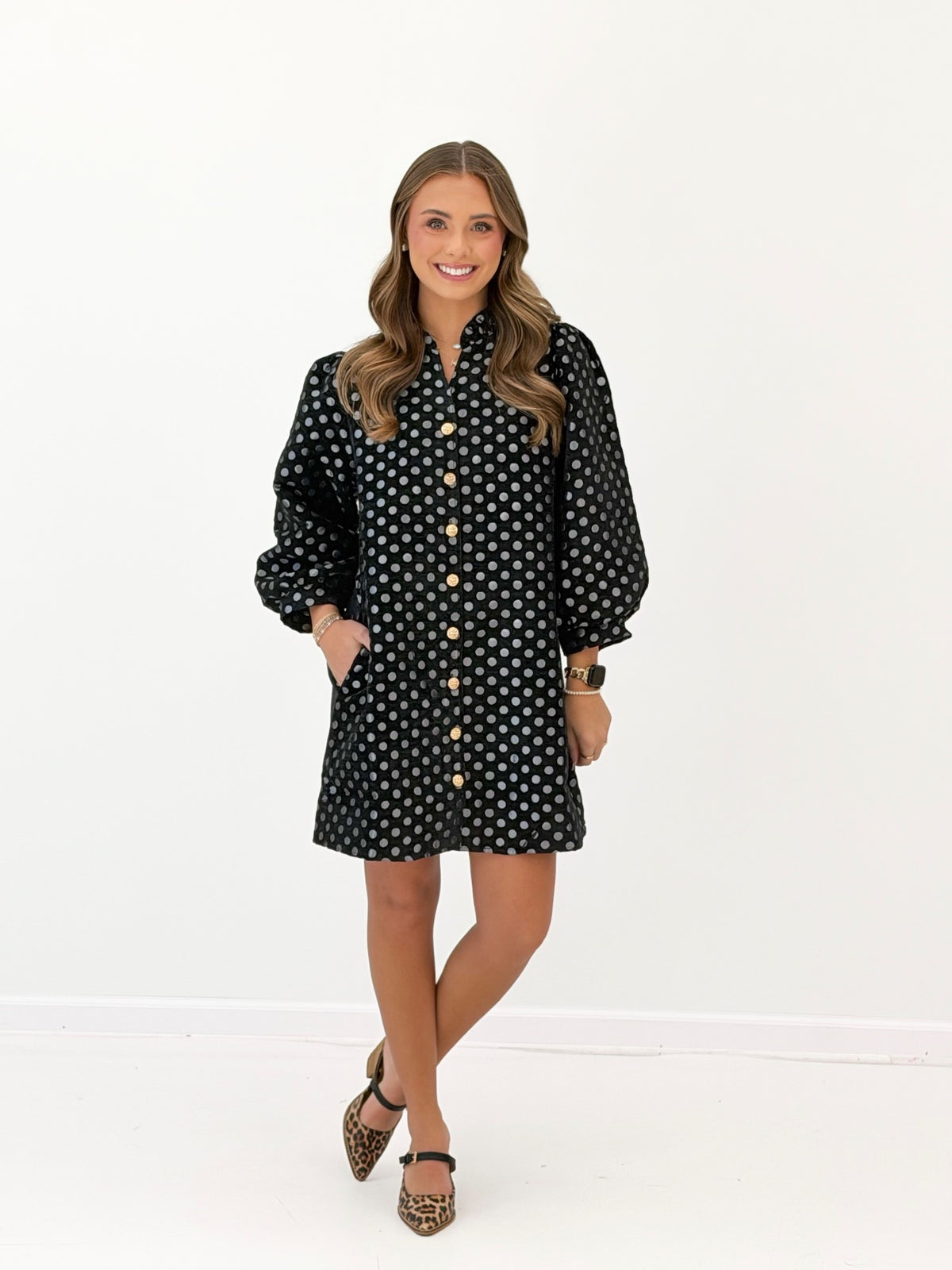 Jodifl Metallic Polka Dot Puff Sleeve Button Down Dress | Jodifl