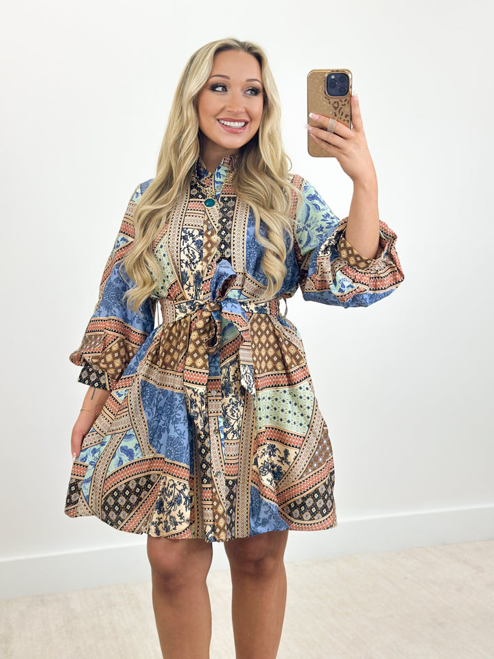 Patchwork print mini dress with tie belt, button-front, flared cuffs