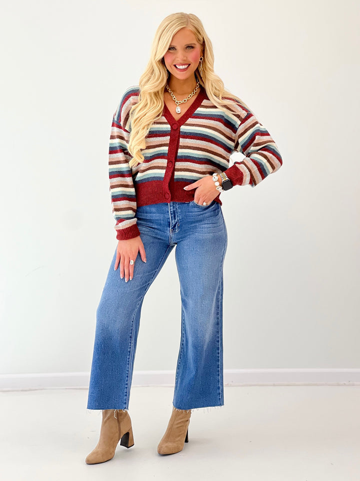Multicolor striped cropped cardigan in burgundy with button-front V-neck and cuffs