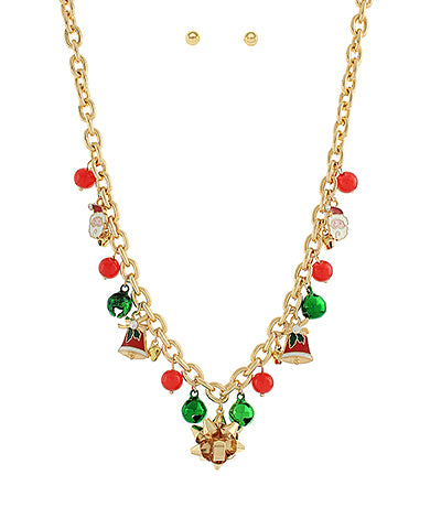 Golden Stella Christmas Ribbon & Multi Charm Necklace Set in Gold/Multi