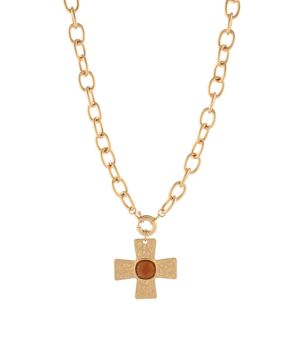 Golden Stella Byzantine Cross Stone Necklace in Brown