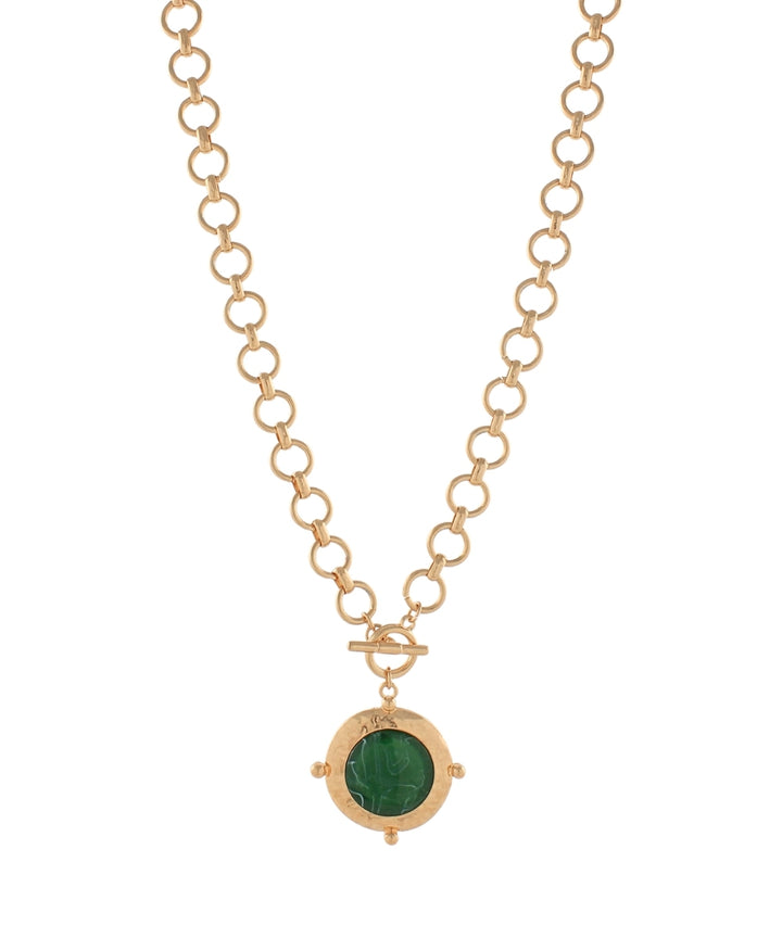 Golden Stella Framed & Dotted Round Stone Necklace in Green