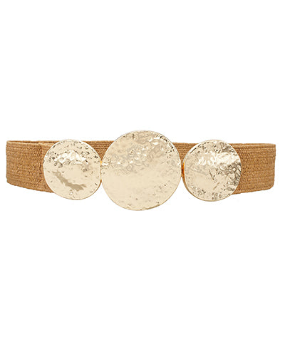 Golden Stella Hammered Triple Disc Buckle Straw Belt in Cognac