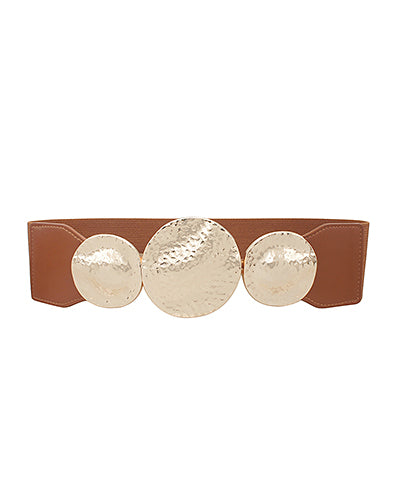 Golden Stella Hammered Triple Disc Elastic Belt in Cognac