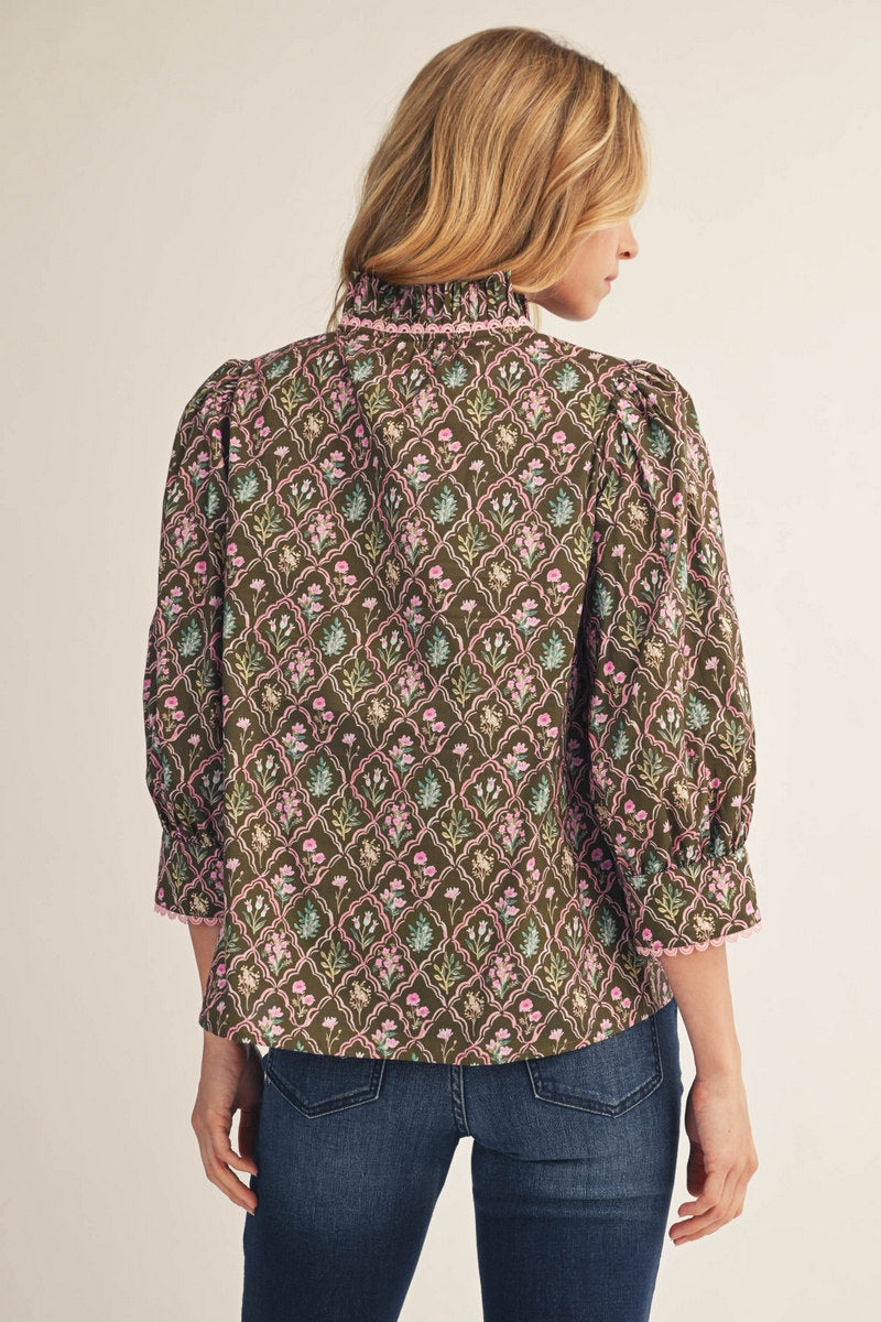 Jodifl Floral Ruffle Neck Button Down Top in Brown