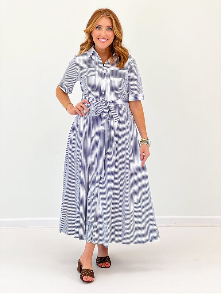 Navy striped seersucker maxi dress in a relaxed, breezy silhouette