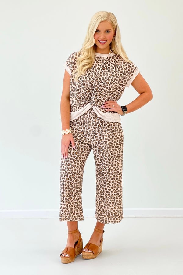 Matching animal print top and wide leg pants