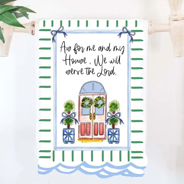 Tea towel lettered with As For Me and My House
