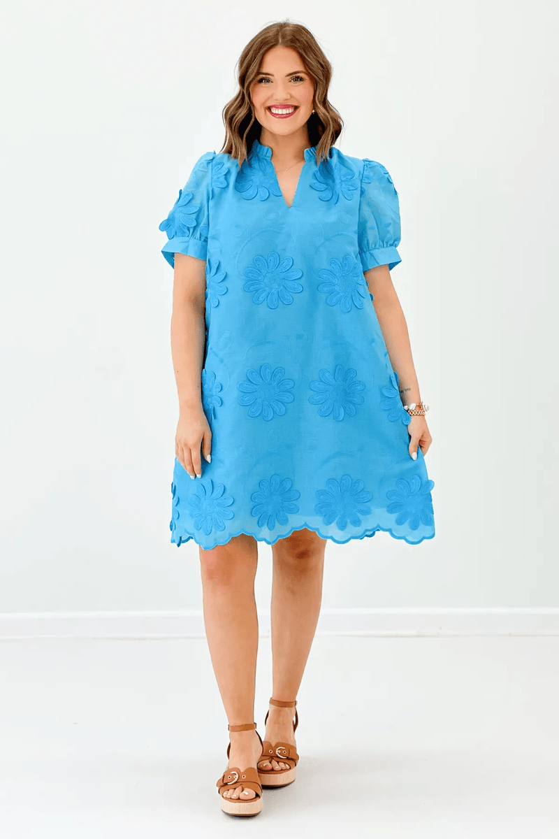 Azure Blue Floral Applique Scallop Hem Dress*FINAL SALE* Small