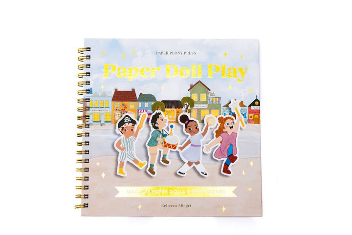 Spiral-bound paper doll activity book cover with multiple character cutouts
