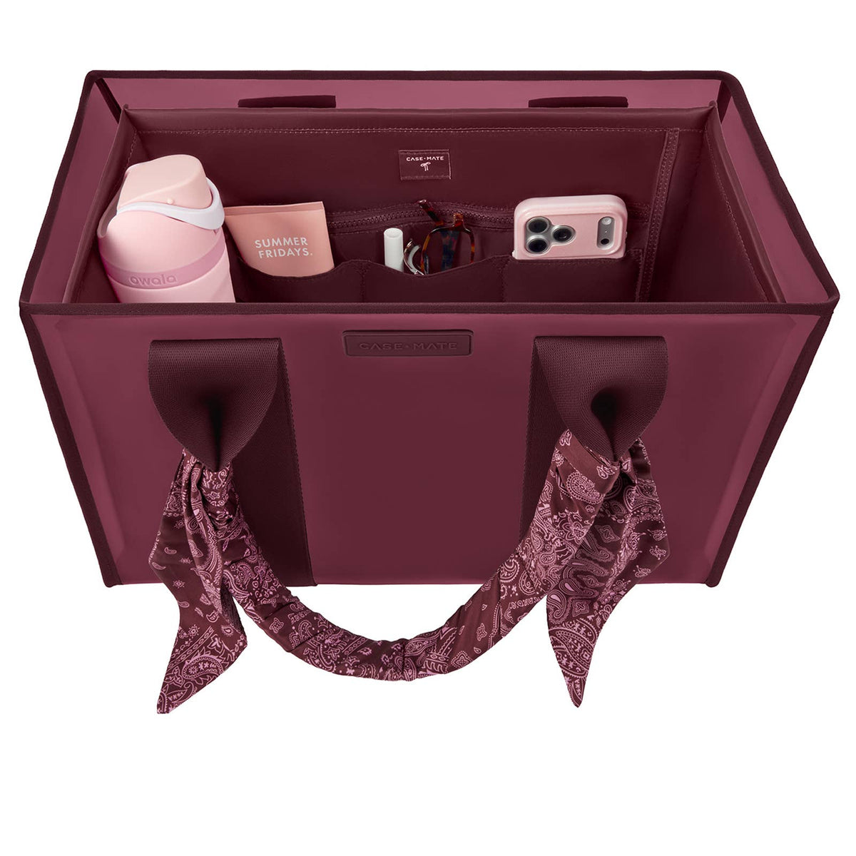 Burgundy tote organizer insert with top dividers and attached fabric handles for carrying