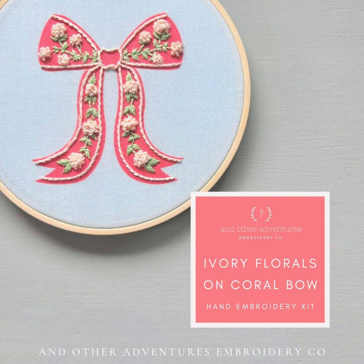 Hand embroidery kit hoop with coral bow and ivory floral ribbon accents