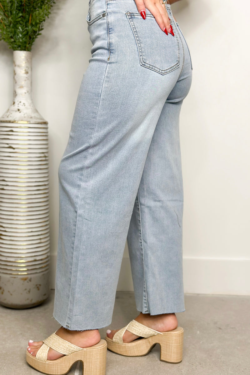 Light Denim Button Fly Front Washed Bottoms