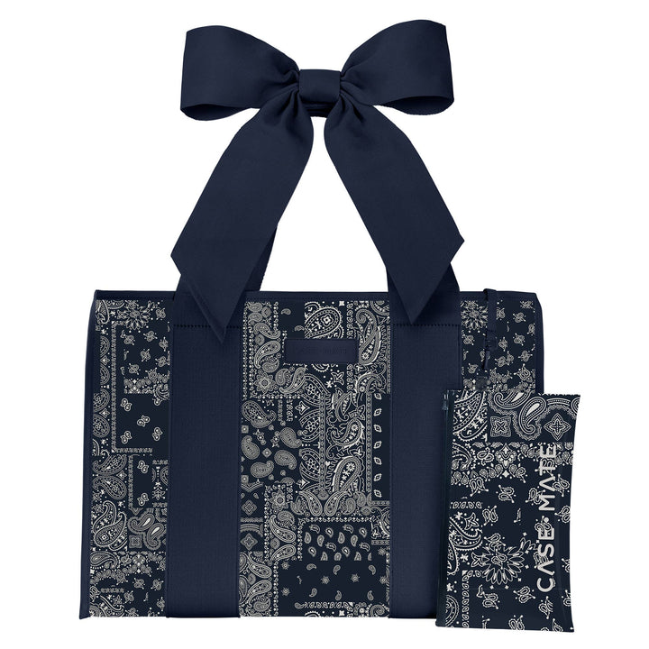 Navy bandana print jelly tote bag with large bow ribbon and wide open top.