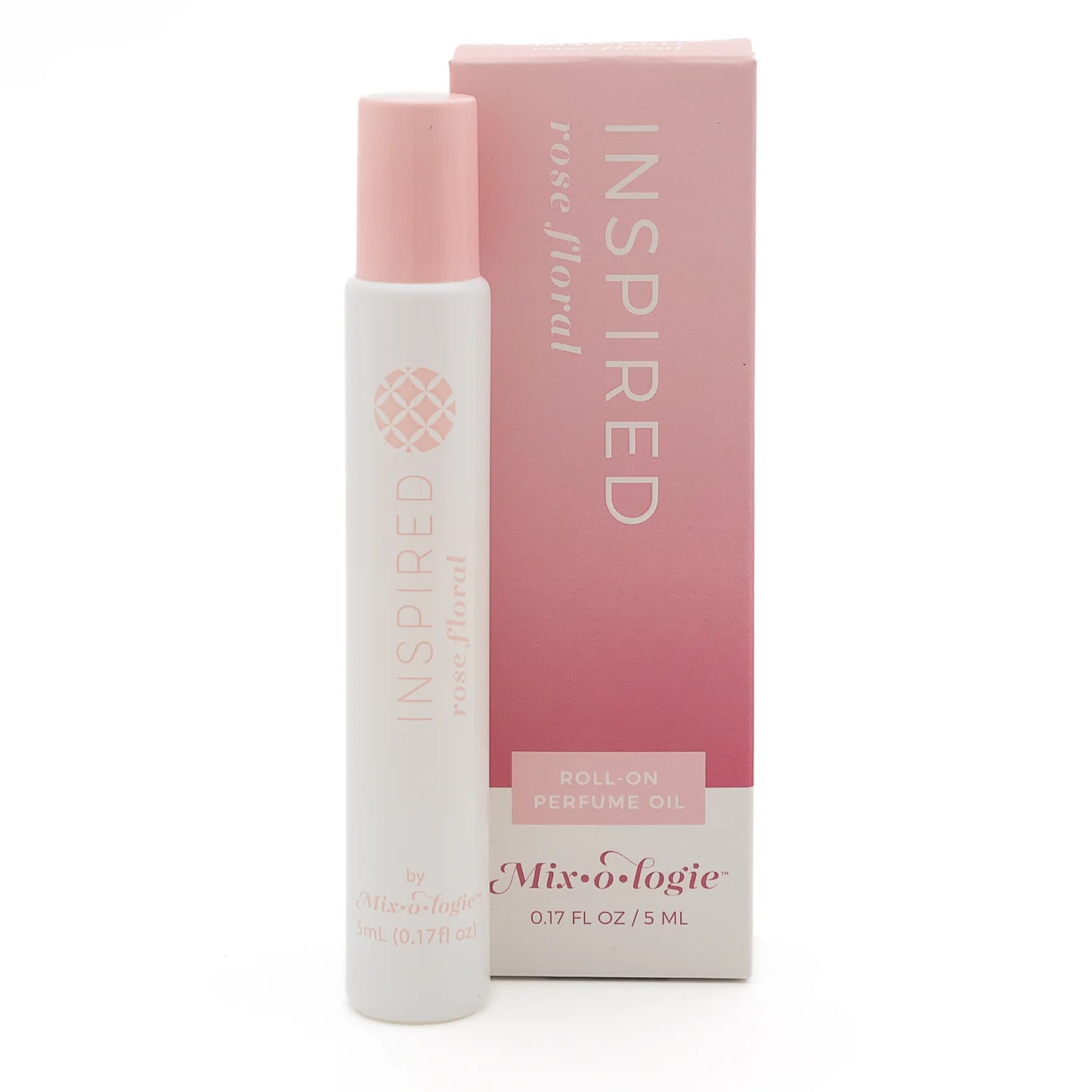 Rose floral perfume oil rollerball set in pink box and white roll-on bottle