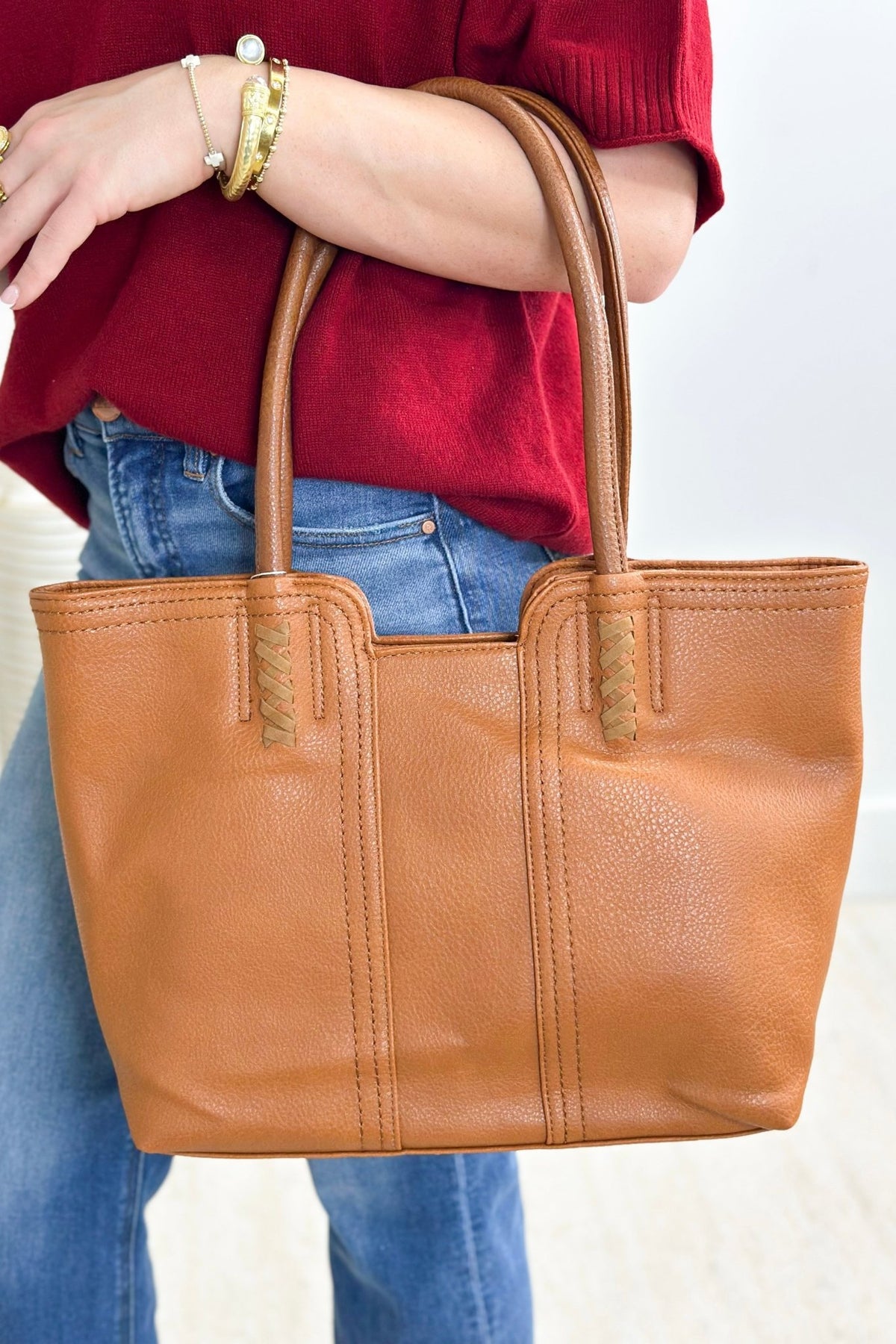 Brown tote and matching purse set with stitch detailing