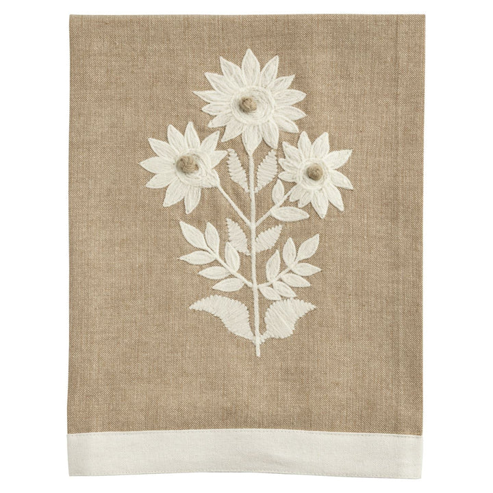 Natural chambray tea towel with embroidered detailing