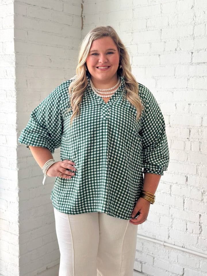 Checkered V-Neck Smocked Top - Lavish Boutique01-TOPS
