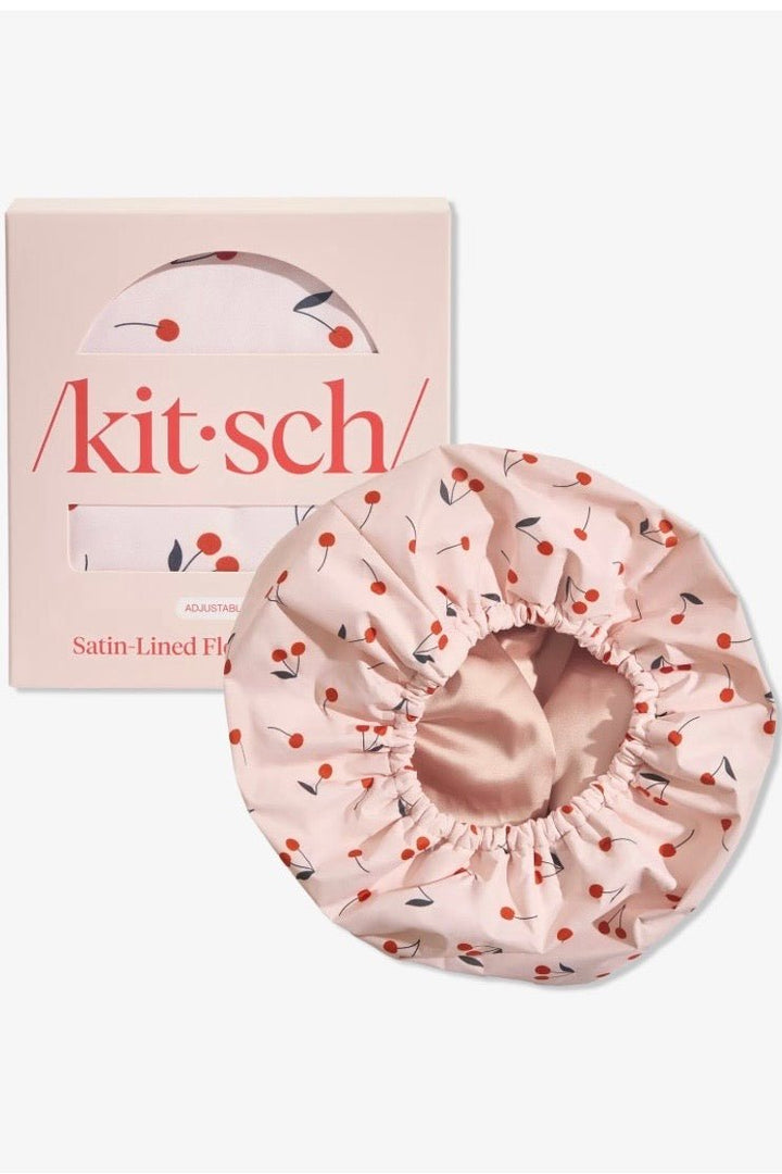 Satin-lined shower cap in a cherry print