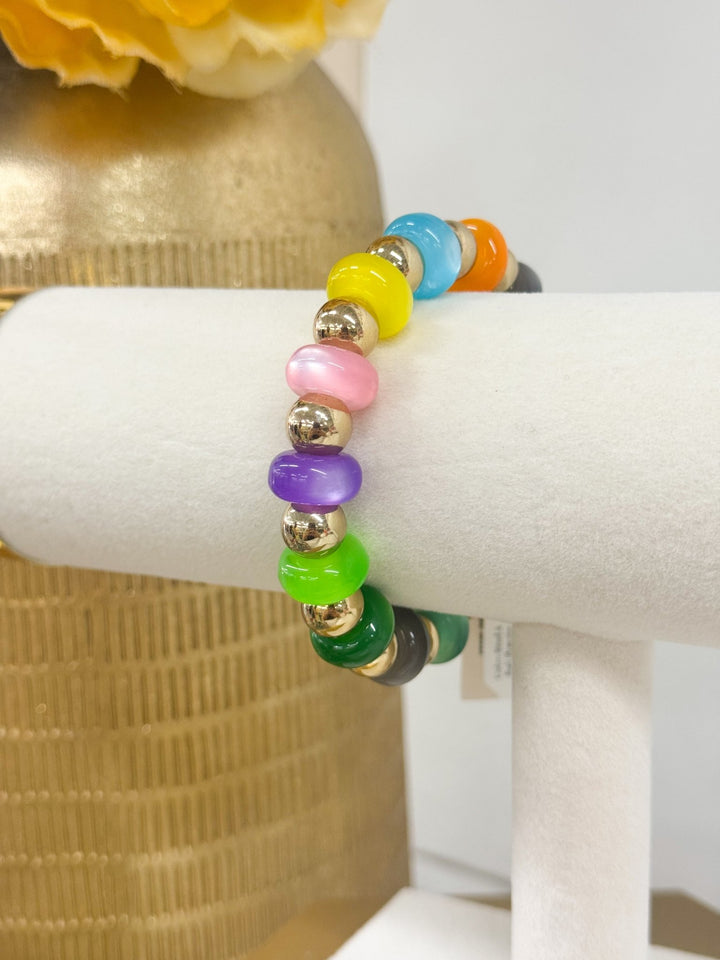 Multicolor bead bracelet with gold ball accents