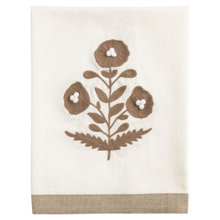 Cream tea towel with taupe floral embroidery