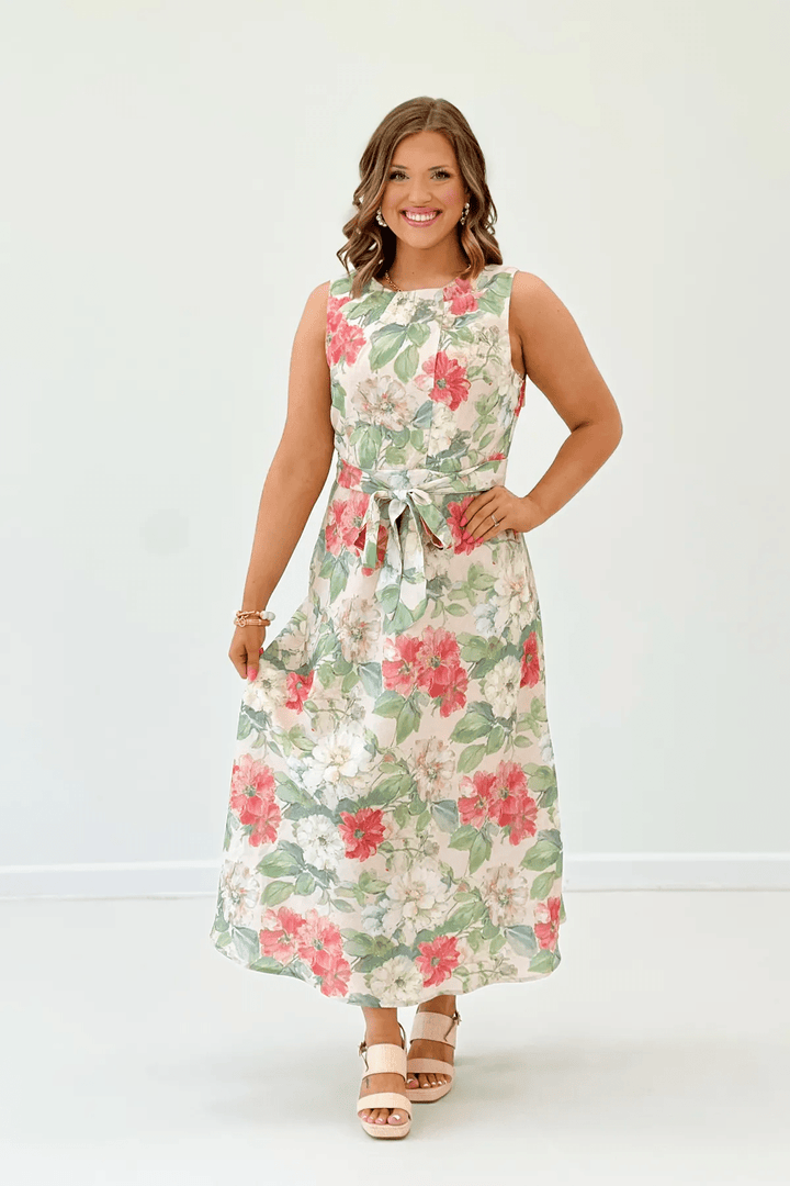 Cream floral print sleeveless midi dress