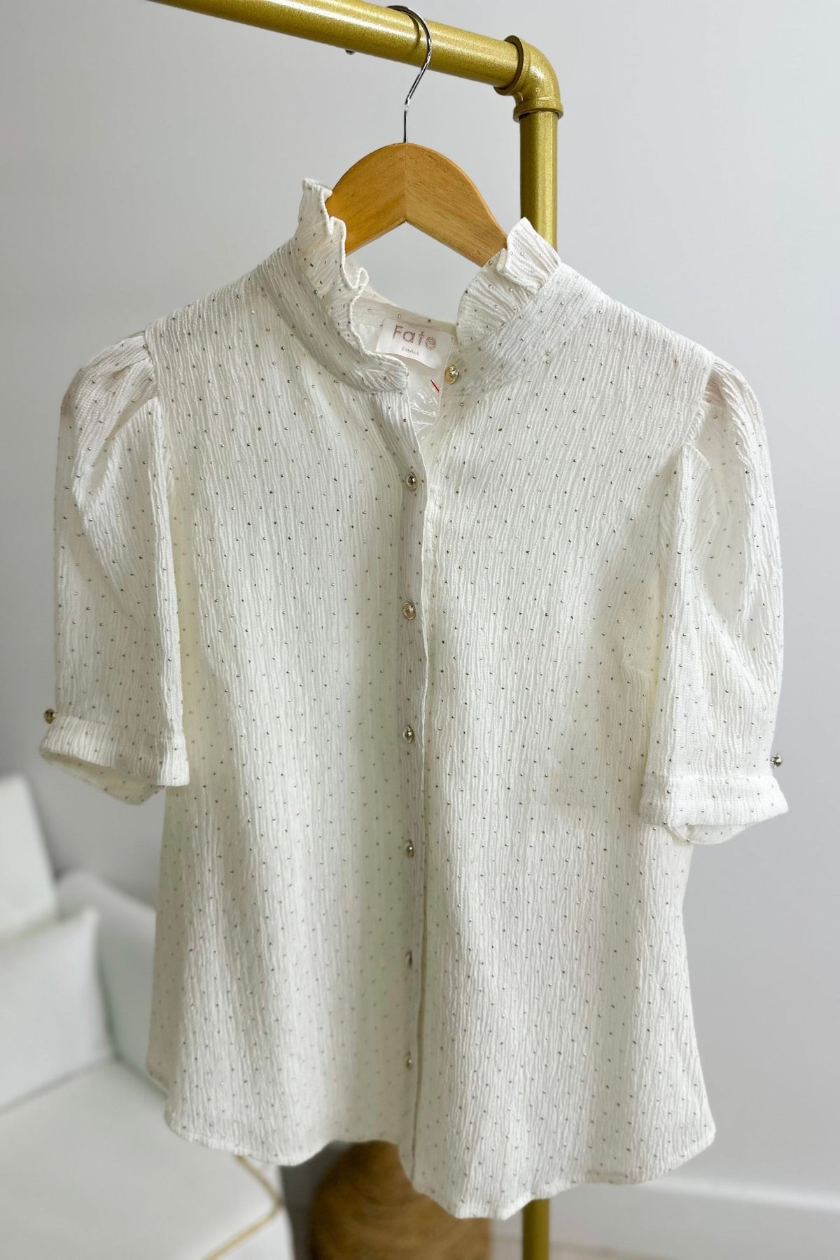 Cream Stud Embellished Puff Sleeve Top - Lavish BoutiqueTops