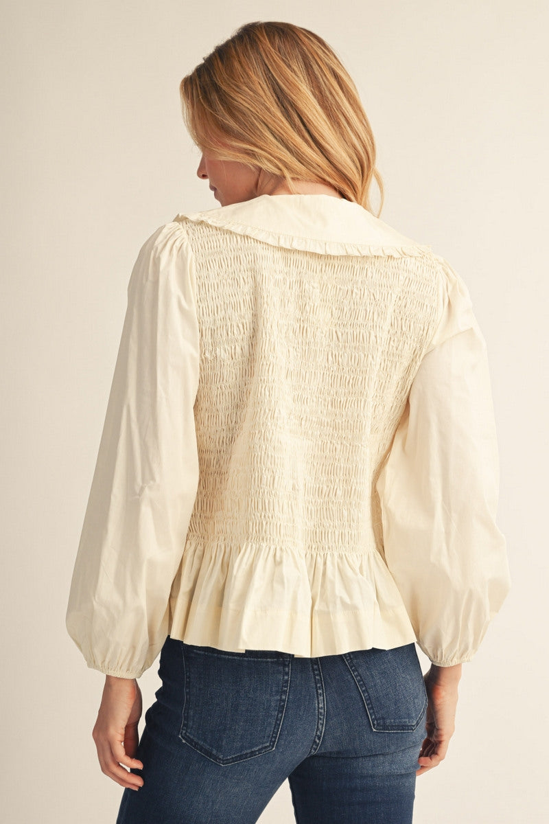Jodifl Smocked Peter Pan Collar Peplum Top in Cream, back