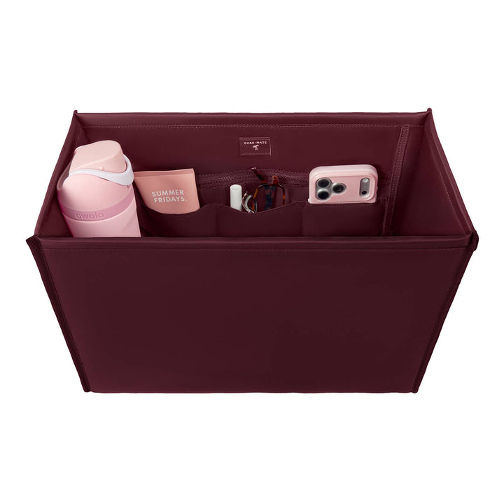 Burgundy tote organizer insert with multiple compartments and side dividers for small items