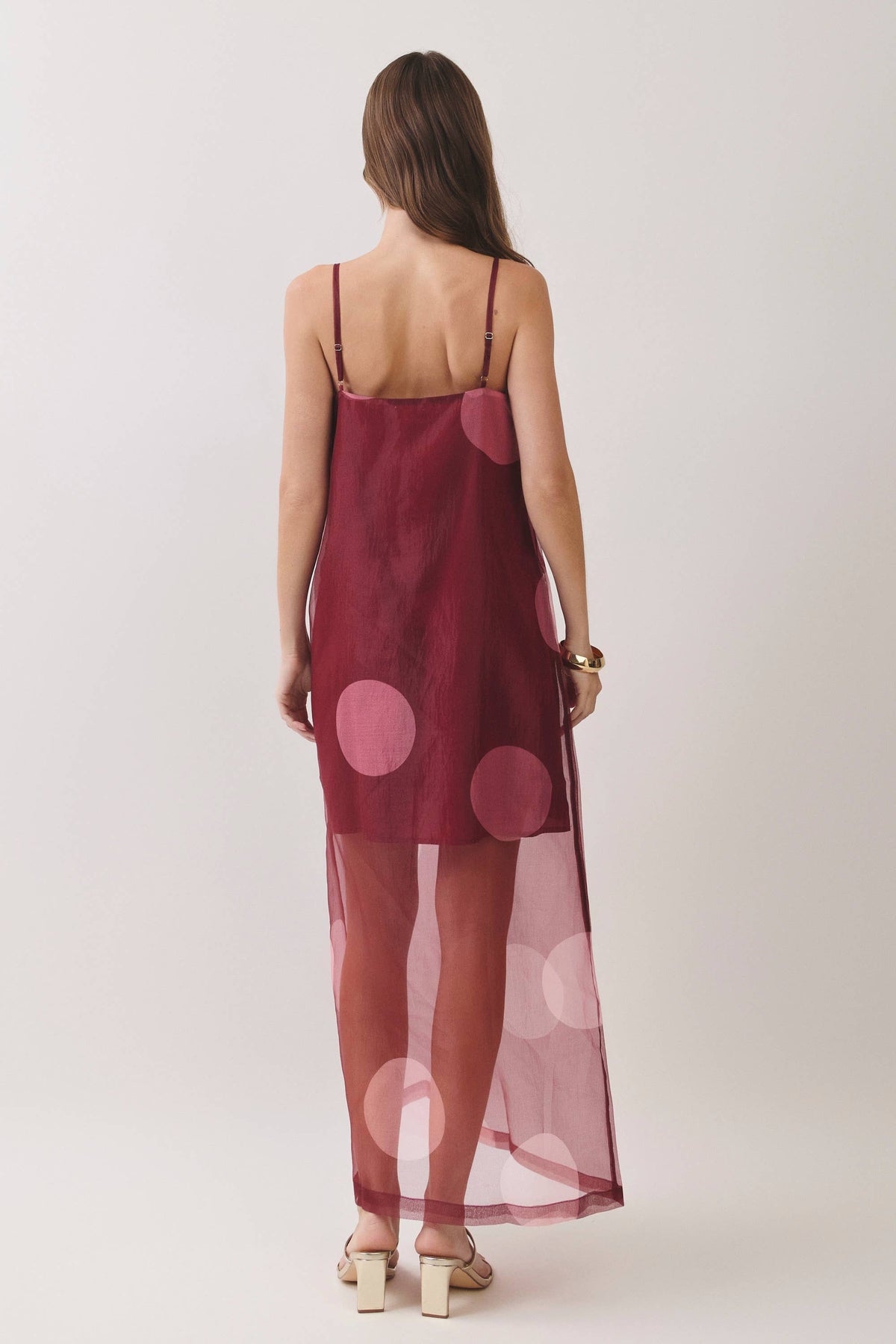 Pretty Follies Polka Dot Sheer Overlay Maxi Dress in Burgundy