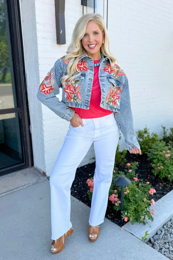 Denim Lux Embroidered Bead Jacket - Lavish BoutiqueTops