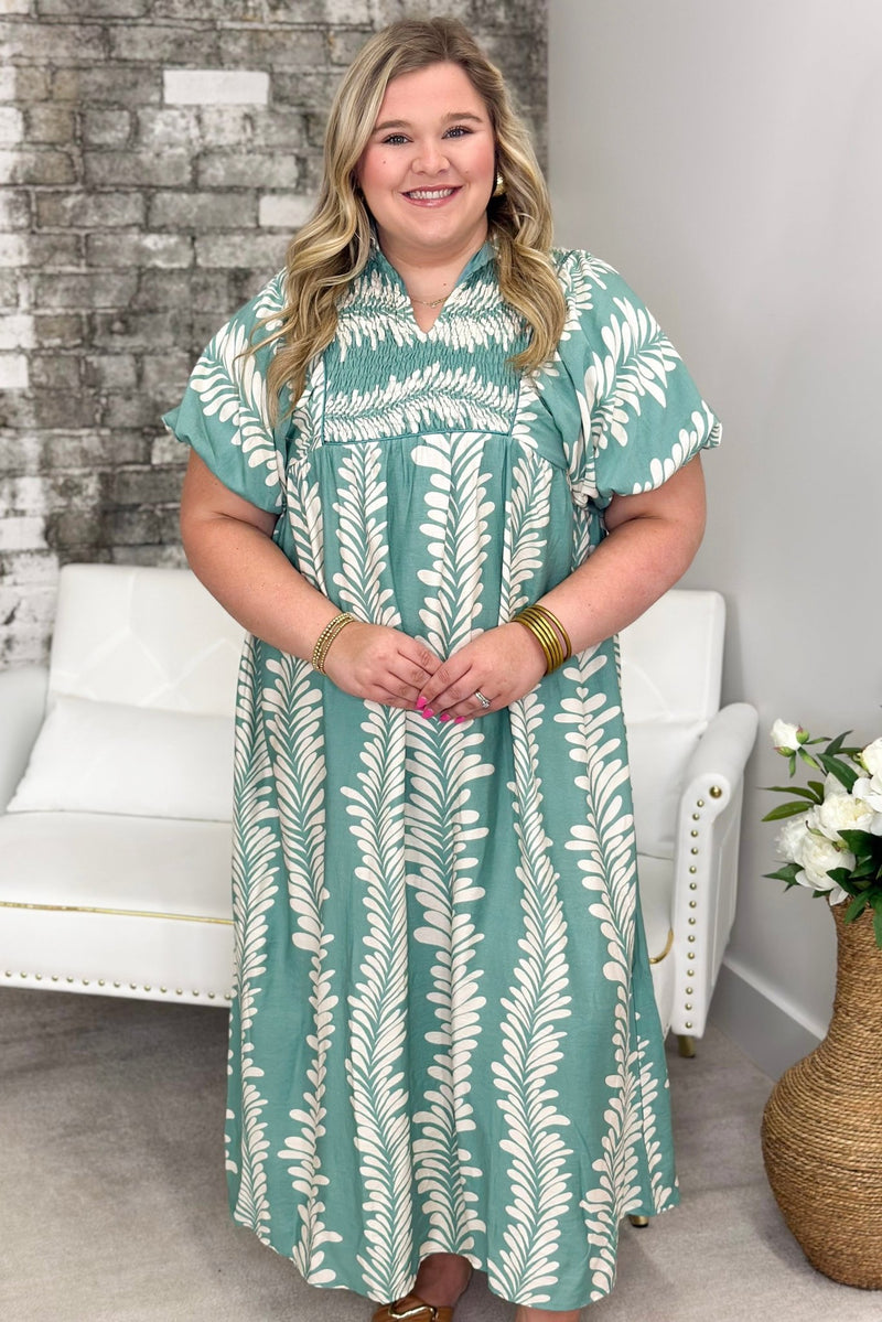 cream and mint dress Dusty Mint Printed Midi Dress | Curvy Sizes