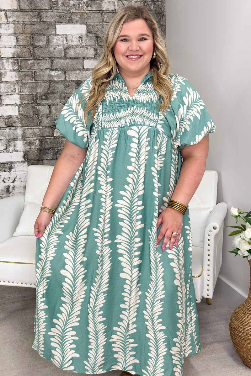 Dusty Mint and Cream Printed Short Sleeve Midi Dress