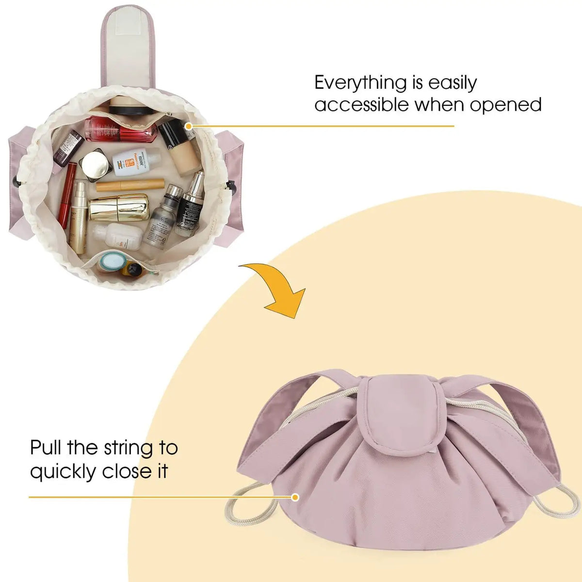 Dusty rose makeup bag shown open and filled, then cinched closed with its drawstring