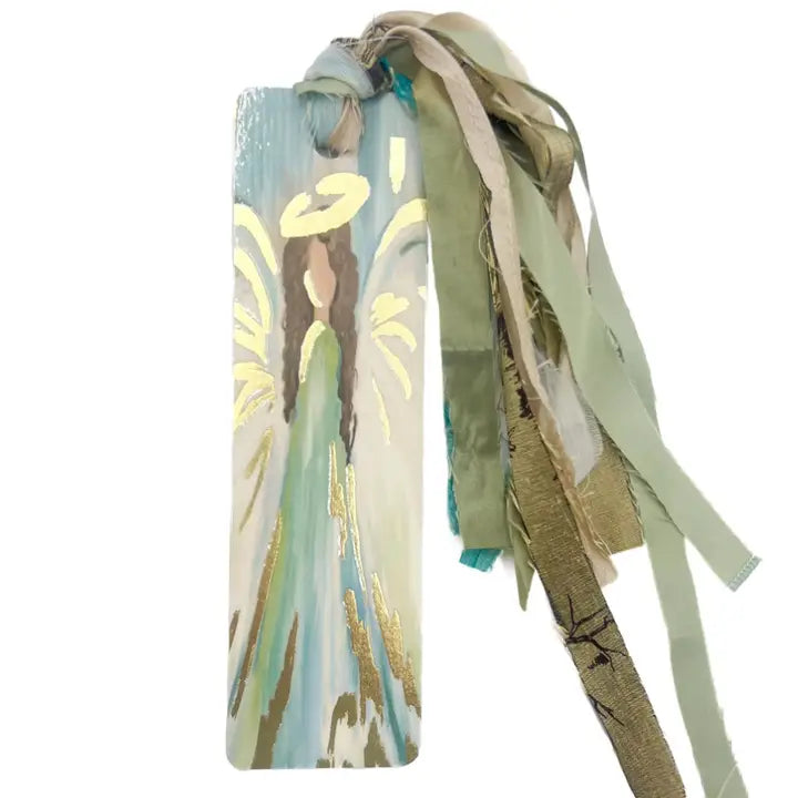 Angel-themed Bible bookmark with long ribbon tassels in light blue, gold, and sage green