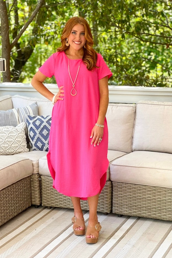 Candy Pink Airflow Short Sleeve Midi Dress