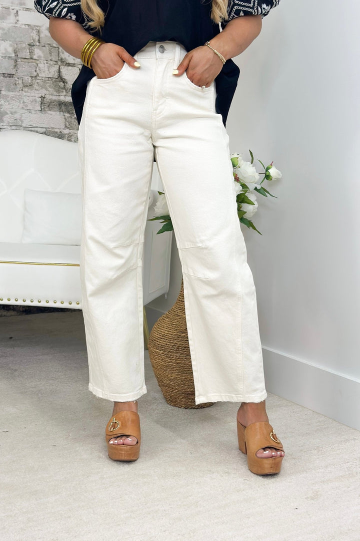 Ecru high rise barrel leg jeans