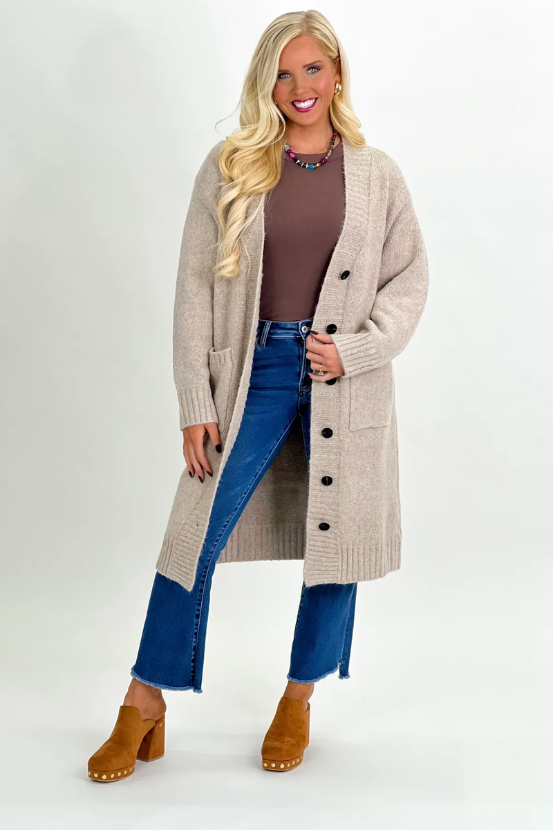 Taupe Button Down Long Sleeve Cardigan