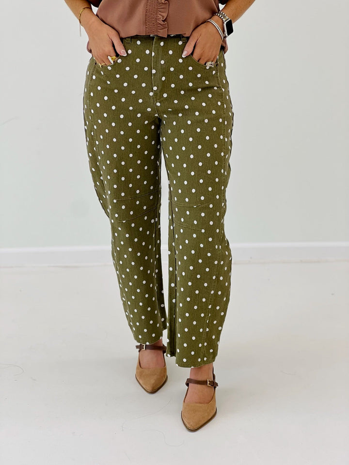 Polka dot pants with a barrel leg shape