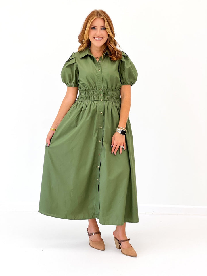 Olive button down dress with puff sleeves