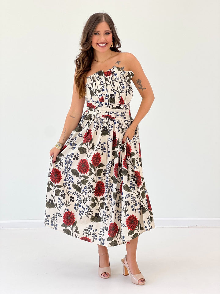 Entro Floral Strapless Detailed Waist dress - Lavish Boutique04-DRESSES