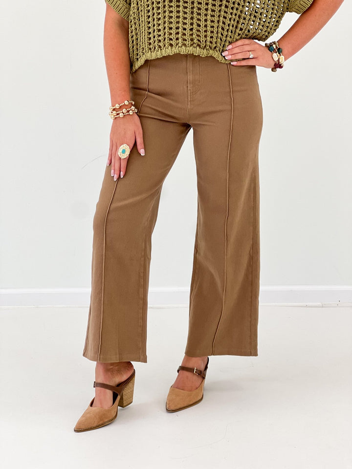 Wide leg pants with a pressed front seam down each leg