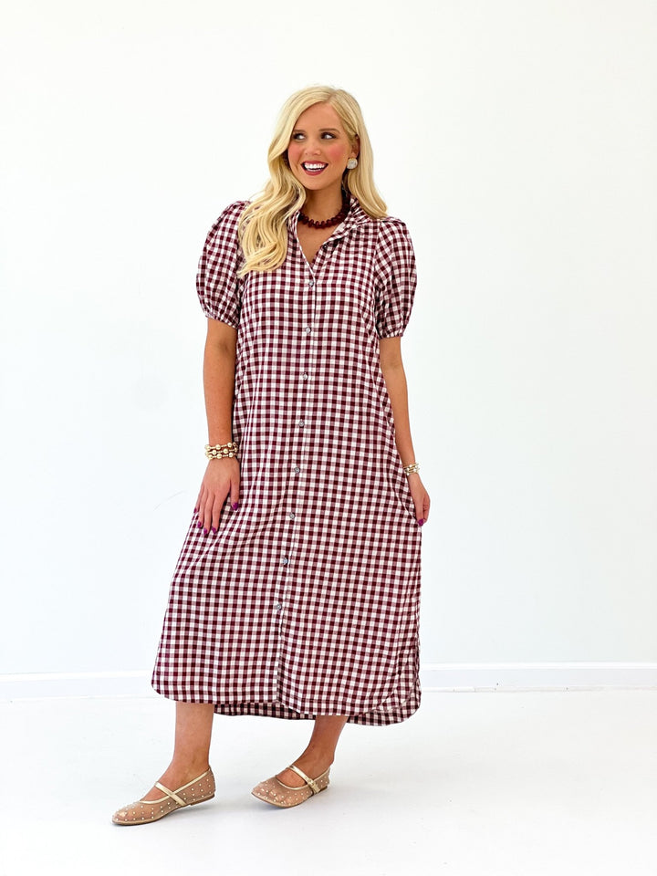 Wine gingham dress with a button down front