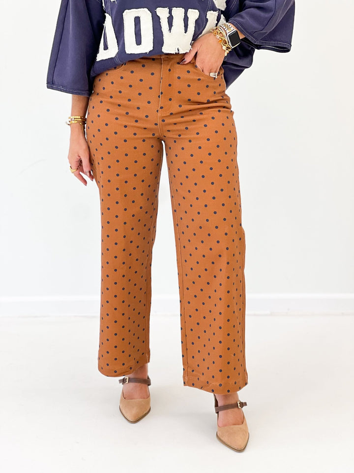 Polka dot wide leg pants with an elastic waist