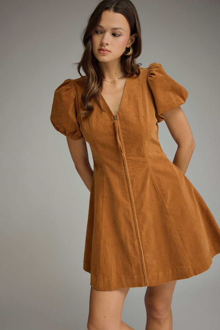 Entro Puff Sleeve Zip Front Mini Dress - Lavish Boutique04-DRESSES