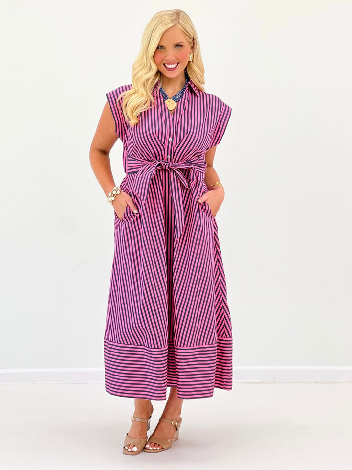 Striped midi dress with a matching waist belt