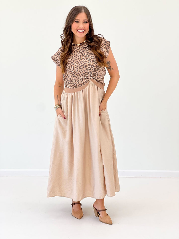 Camel two piece set with a short sleeve sweater top and cotton dress