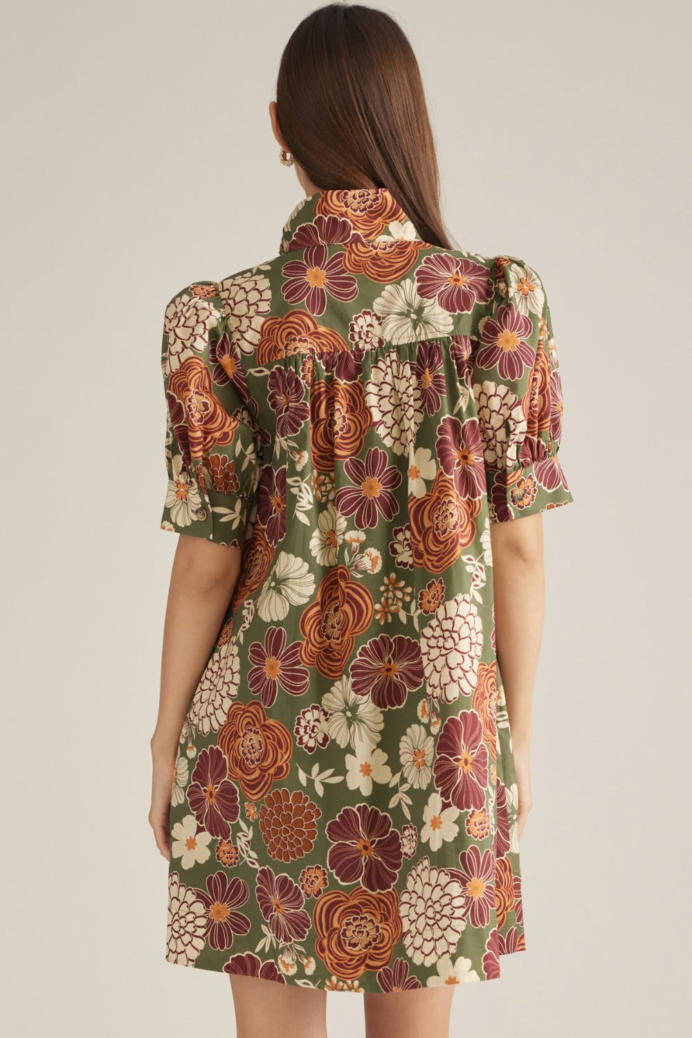 Entro Floral Puff Sleeve Collared Mini Dress in Olive Rust
