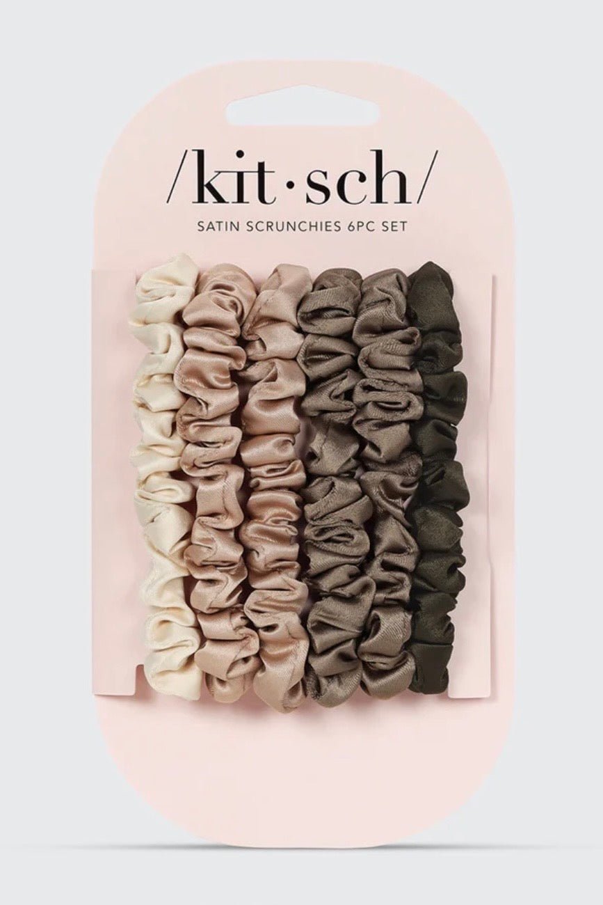 Six petite satin scrunchies in eucalyptus green tones